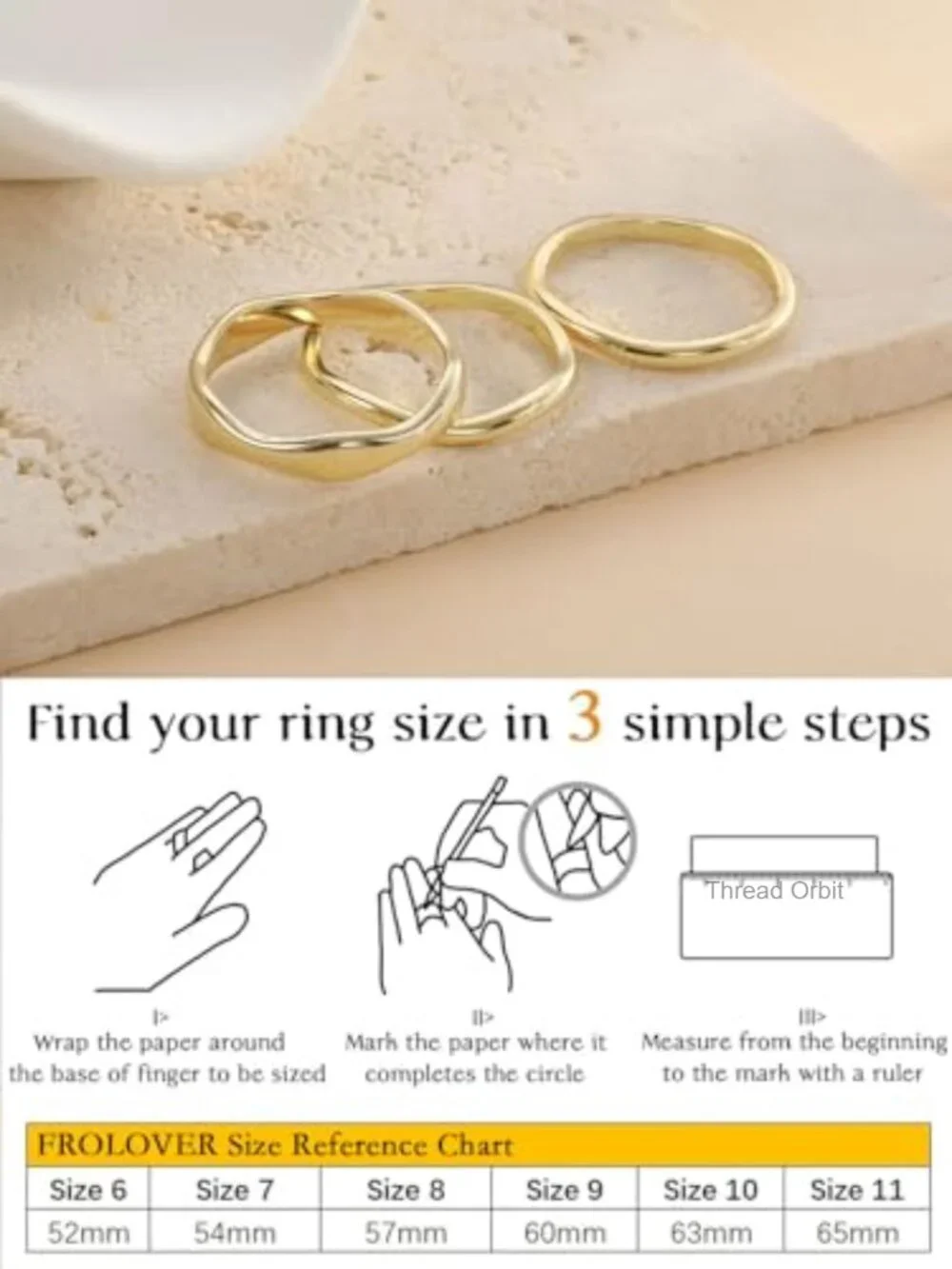 14K Gold Plated Stacking Ring Set Wavy Band Rings for Women Size 6-10
